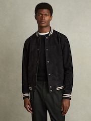Reiss Navy Banridge Suede Stripe-Trim Bomber Jacket - Image 3 of 7