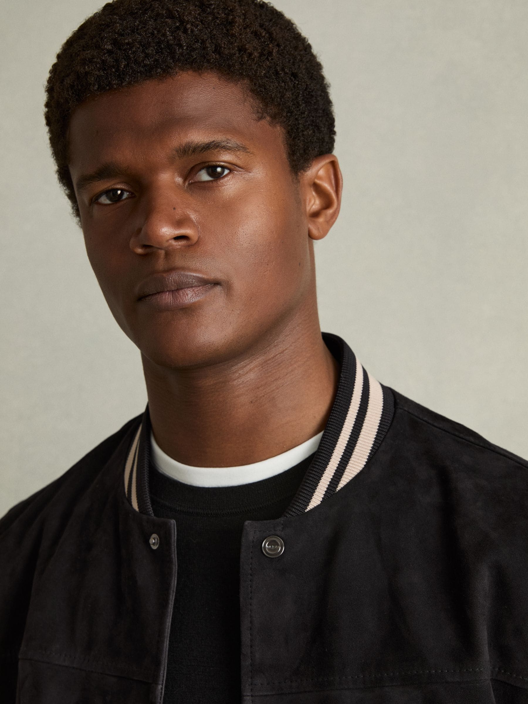 Buy Reiss Navy Banridge Suede Stripe-Trim Bomber Jacket from the