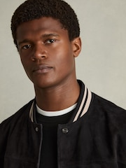 Reiss Navy Banridge Suede Stripe-Trim Bomber Jacket - Image 4 of 7