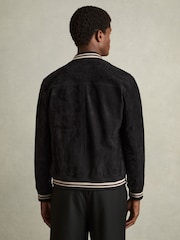 Reiss Navy Banridge Suede Stripe-Trim Bomber Jacket - Image 5 of 7