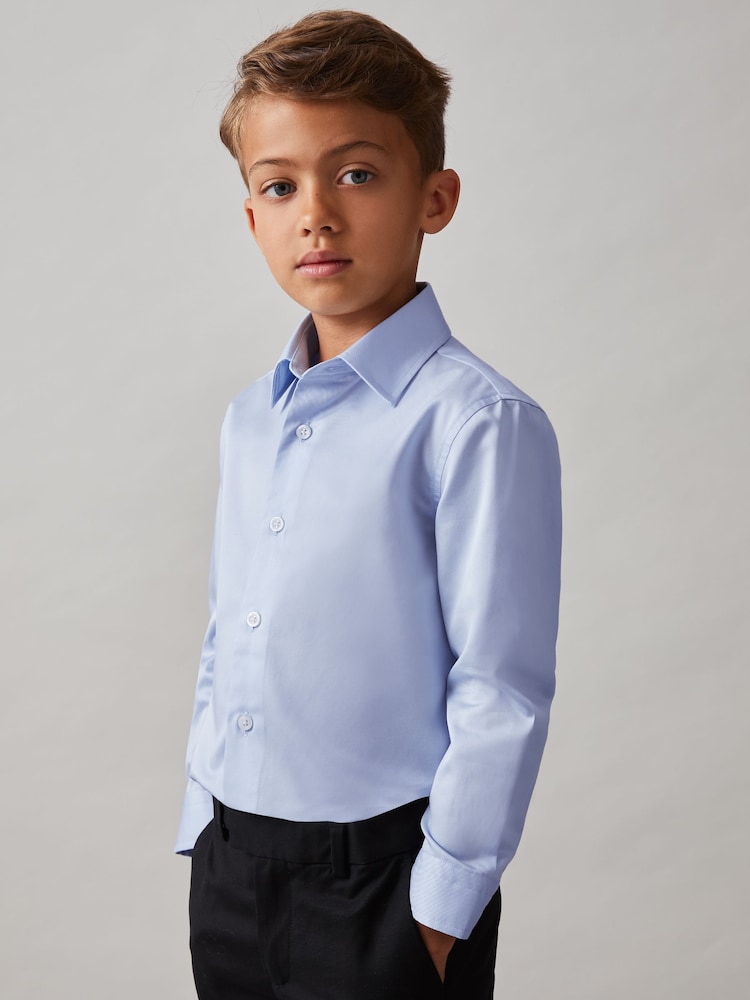 Reiss Soft Blue Remote 3-9 yrs Slim-Fit Cotton Shirt - Image 1 of 4 Reiss Soft Blue Remote 3-9 yrs Slim-Fit Cotton Shirt - Image 1 of 4