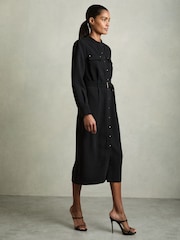 Reiss Black Isla Twill Belted Shirt Dress - Image 1 of 5