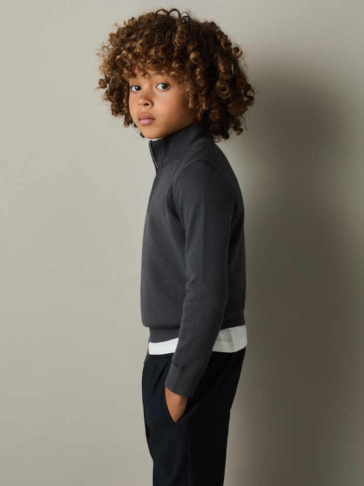Reiss Blackened Blue Blackhall 9-13 yrs Merino Wool Half-Zip Funnel Neck Jumper - Image 1 of 4