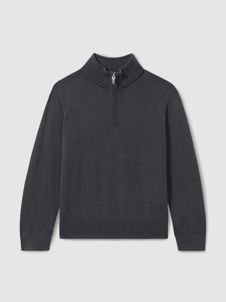 Reiss Blackened Blue Blackhall 9-13 yrs Merino Wool Half-Zip Funnel Neck Jumper - Image 2 of 4