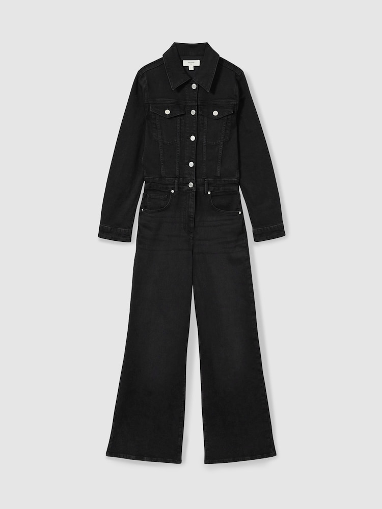 Reiss Black Celeste Cotton-Blend Denim Relaxed-Fit Jumpsuit - Image 2 of 7
