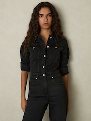 Reiss Black Celeste Cotton-Blend Denim Relaxed-Fit Jumpsuit - Image 3 of 7