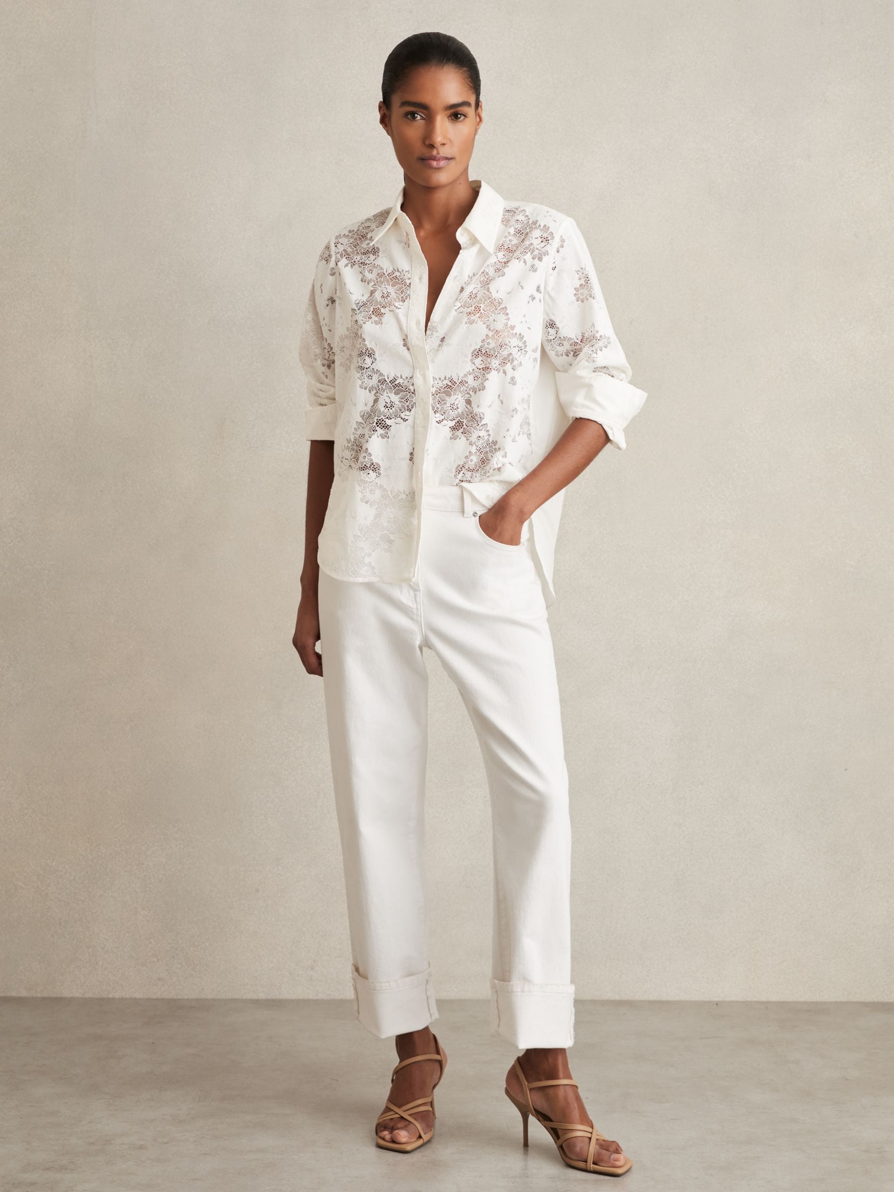 Buy Reiss Ivory Lacey Lace-Front Shirt With Cotton from Next USA