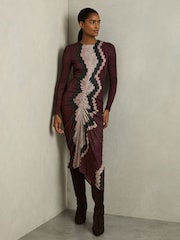 Reiss Burgundy Georgia Jersey Ruched Printed Dress With Wool - Image 1 of 5