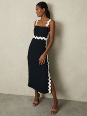 Reiss Navy Asher Wave-Trim Crepe Midi Dress - Image 1 of 5
