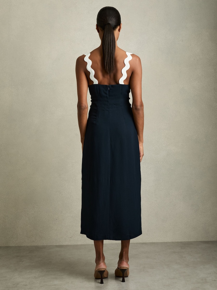 Reiss Navy Asher Wave-Trim Crepe Midi Dress - Image 4 of 5