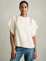 Reiss Cream Harlowe Lace-Insert T-Shirt - Image 1 of 6
