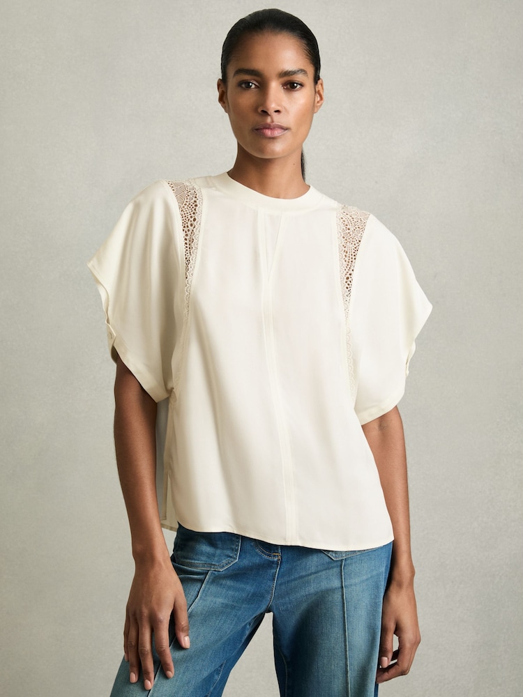 Reiss Cream Harlowe Lace-Insert T-Shirt - Image 1 of 6