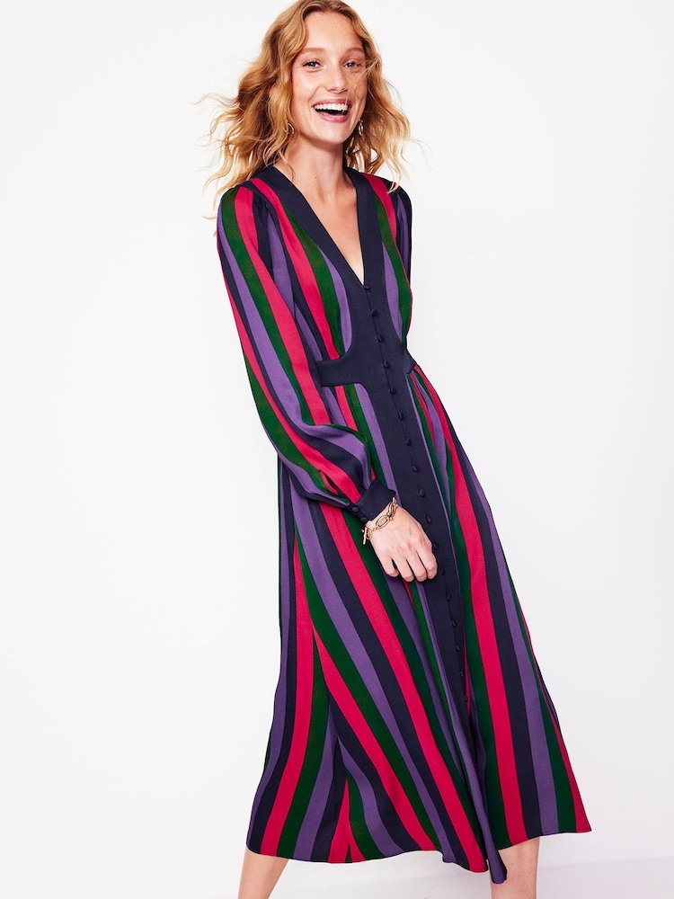 Boden Purple Colourblock V-Neck Midi Dress - Image 2 of 5 Boden Purple Colourblock V-Neck Midi Dress - Image 2 of 5