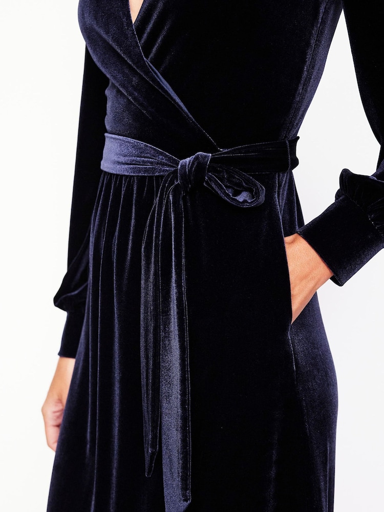 Boden Blue Ophelia Velvet Midi Wrap Dress - Image 2 of 5 Boden Blue Ophelia Velvet Midi Wrap Dress - Image 2 of 5