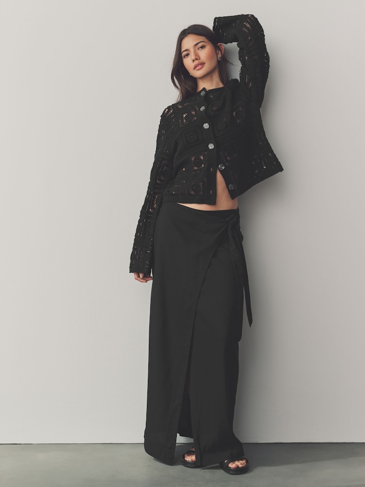 Black Maxi Sarong Skirt with Linen - Image 2 of 7