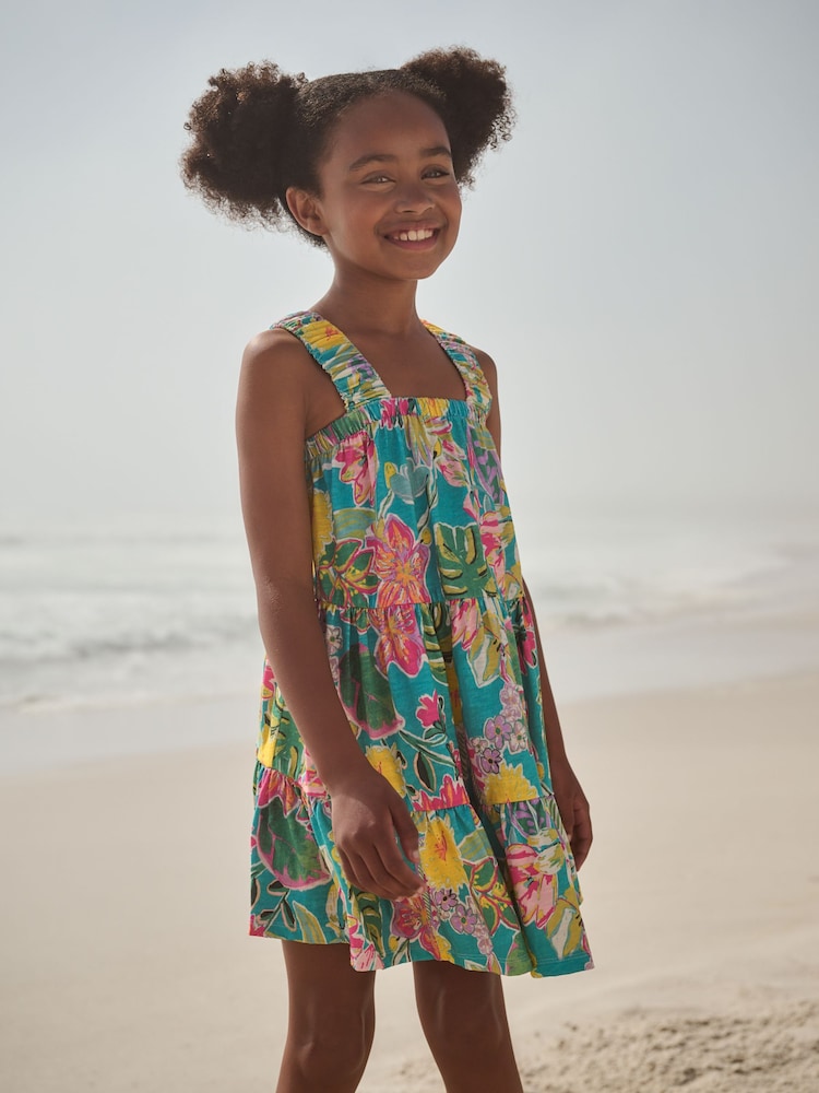 Green Tropical Print 100% Cotton Ruched Strap Sundress (3-16yrs) - Image 1 of 5