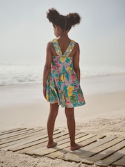 Green Tropical Print 100% Cotton Ruched Strap Sundress (3-16yrs) - Image 3 of 5