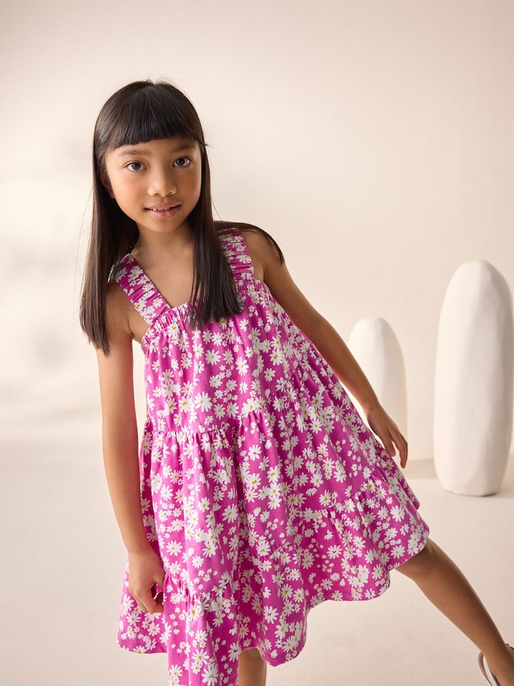 Pink Floral 100% Cotton Ruched Strap Sundress (3-16yrs) - Image 2 of 7