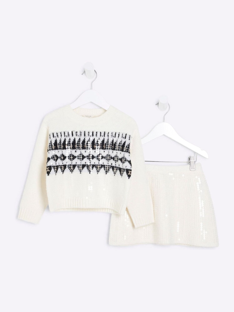 River Island Cream Girls Sequin Fairisle Pattern Skirt Set - Image 1 of 5 River Island Cream Girls Sequin Fairisle Pattern Skirt Set - Image 1 of 5