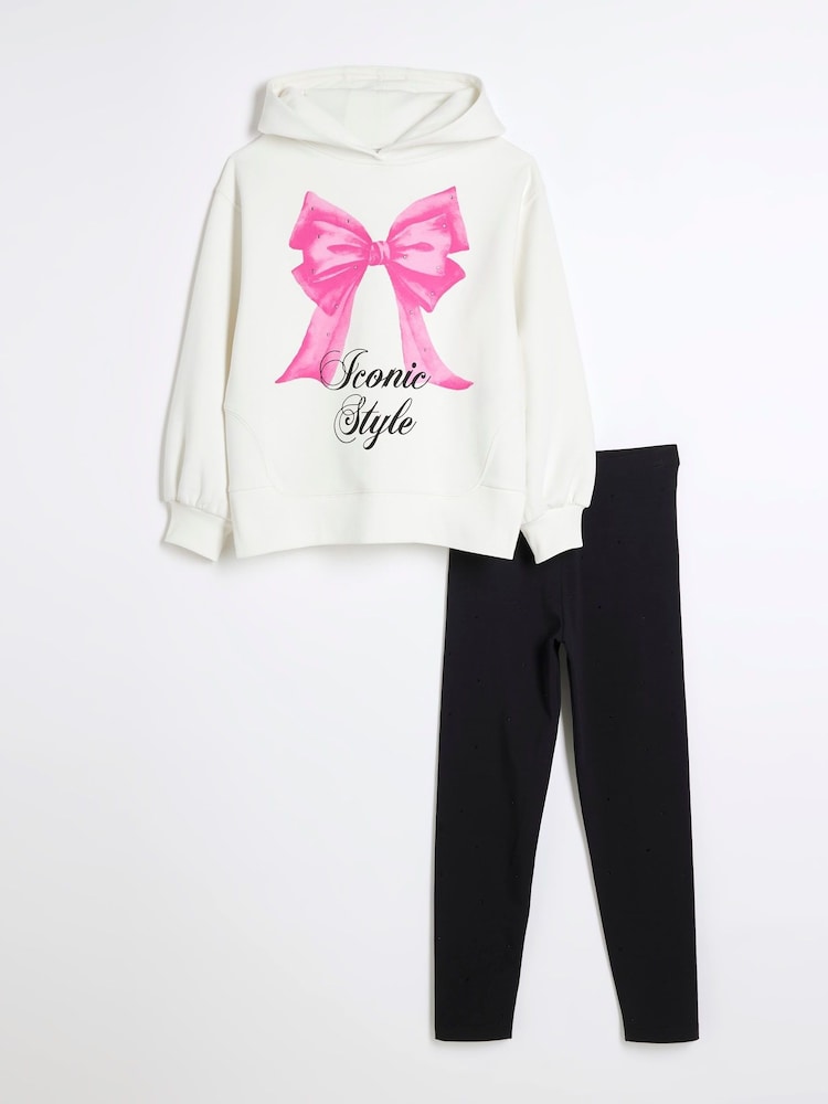 River Island White Girls Bow 100% Cotton Hoodie Set - Image 1 of 5