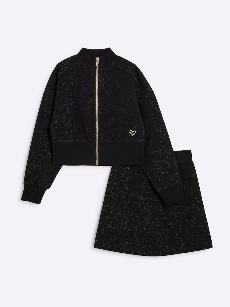 River Island Black Girls Jacquard Funnel 100% Cotton Skirt Set - Image 1 of 5 River Island Black Girls Jacquard Funnel 100% Cotton Skirt Set - Image 1 of 5