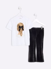 River Island White Girls	100% Cotton Velvet Bow T-Shirt Set - Image 1 of 5