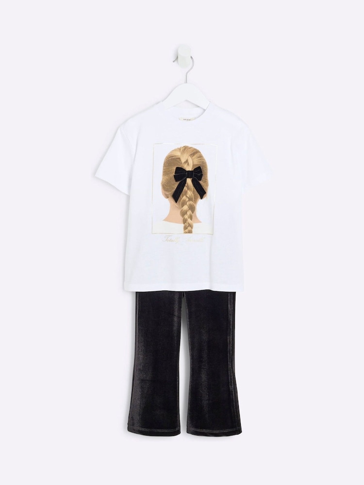 River Island White Girls	100% Cotton Velvet Bow T-Shirt Set - Image 5 of 5