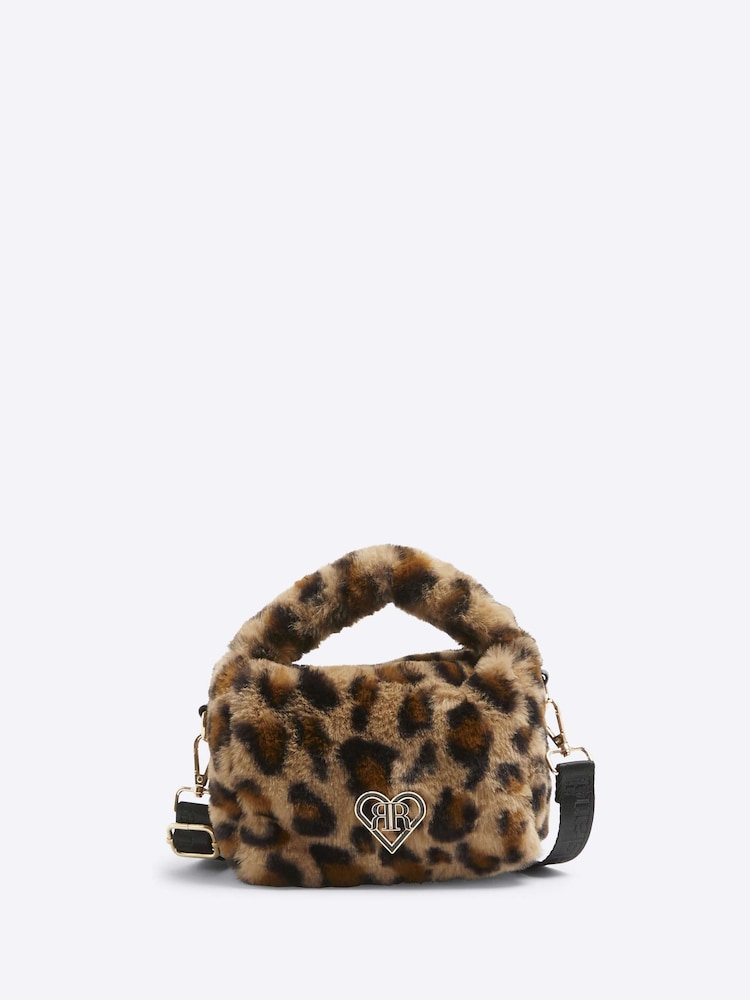 River Island Brown Girls Faux Fur Leopard Top Handle Bag - Image 1 of 4