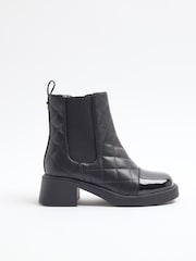 River Island Black Girls Faux Leather Quilt Heel Boots - Image 1 of 5
