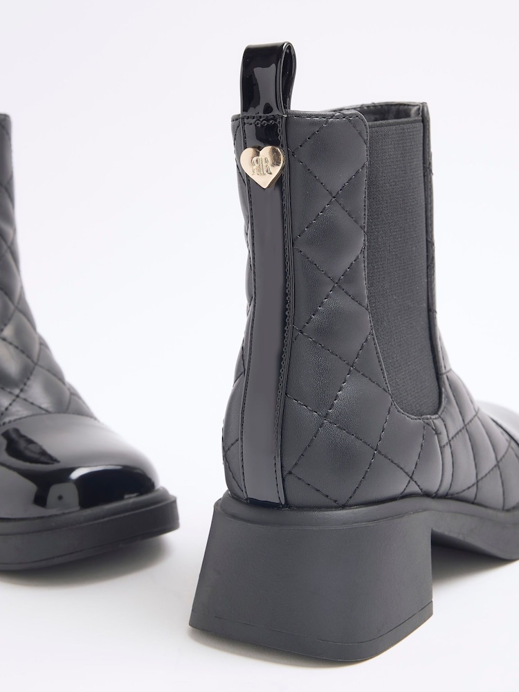 River Island Black Girls Faux Leather Quilt Heel Boots - Image 5 of 5 River Island Black Girls Faux Leather Quilt Heel Boots - Image 5 of 5