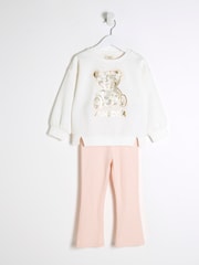 River Island Cream Girls 100% Cotton Ecru Camo Bear Sweatshirt Set - Image 3 of 7