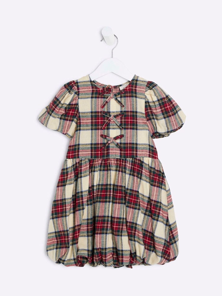 River Island Red Girls 100% Cotton Check Bow Puff Sleeve Dress - Image 1 of 4 River Island Red Girls 100% Cotton Check Bow Puff Sleeve Dress - Image 1 of 4