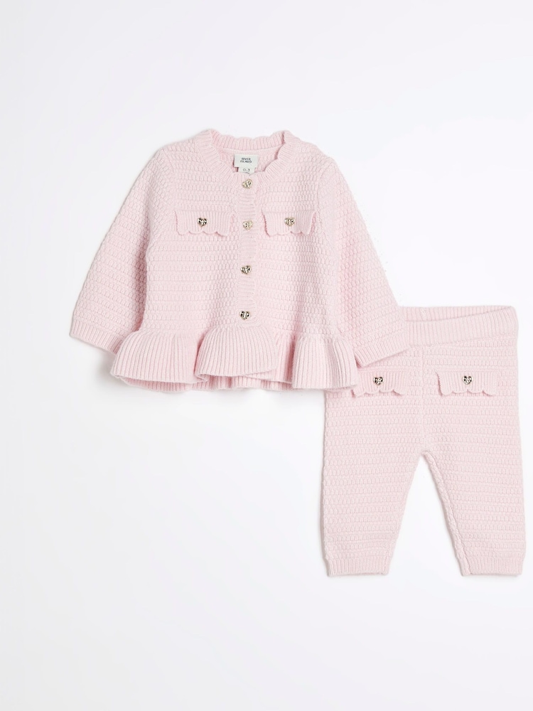 River Island Pink Baby Girls 100% Cotton Peplum Cardigan Set - Image 1 of 5