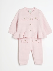 River Island Pink Baby Girls 100% Cotton Peplum Cardigan Set - Image 3 of 5
