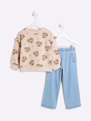 River Island Brown Girls Bear 100% Cotton Jeggings Set - Image 1 of 5