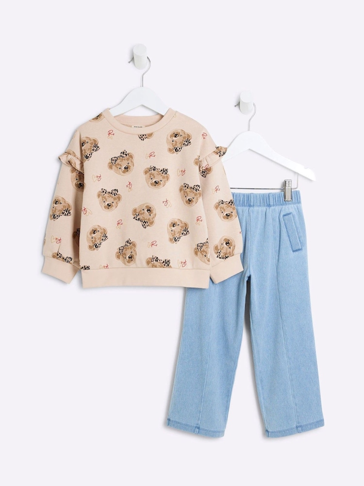 River Island Brown Girls Bear 100% Cotton Jeggings Set - Image 1 of 5