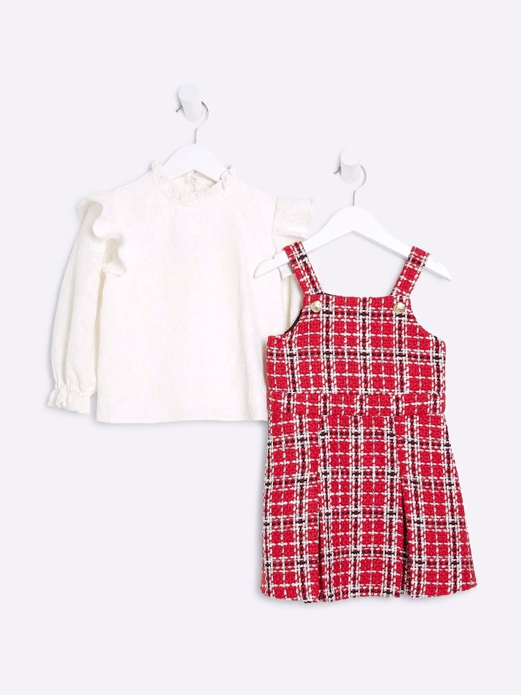 River Island Red Gilrs Boucle Lace Top and Pinny 100% Cotton Dress - Image 1 of 5 River Island Red Gilrs Boucle Lace Top and Pinny 100% Cotton Dress - Image 1 of 5