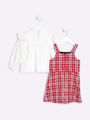 River Island Red Gilrs Boucle Lace Top and Pinny 100% Cotton Dress - Image 2 of 5