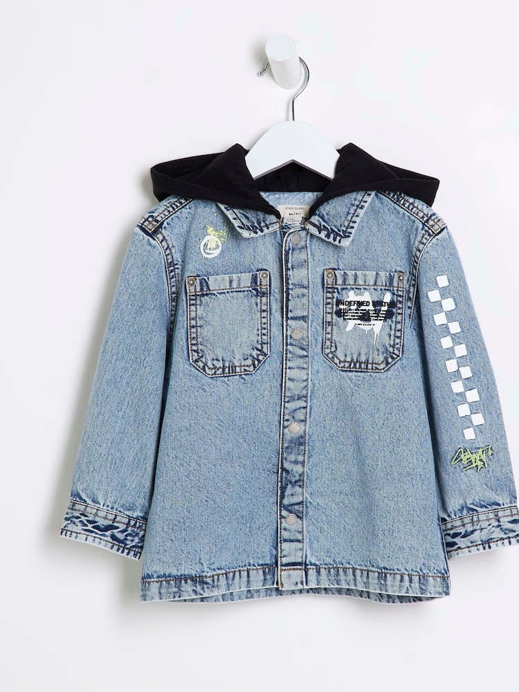 River Island Blue Blue Boys Graffiti 100% Cotton Denim Shacket - Image 1 of 4 River Island Blue Blue Boys Graffiti 100% Cotton Denim Shacket - Image 1 of 4