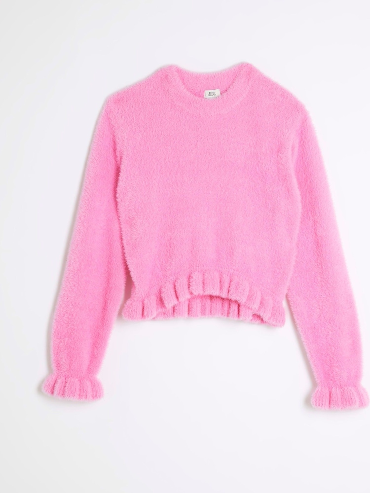 River Island Pink Girls Frill Cropped Jumper - Image 1 of 4 River Island Pink Girls Frill Cropped Jumper - Image 1 of 4