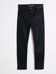 River Island Black Girls Leopard Print Coated Skinny 100% Cotton Jeans - Image 1 of 4
