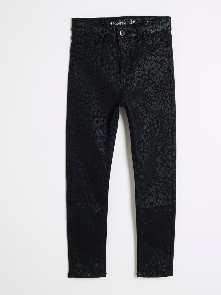 River Island Black Girls Leopard Print Coated Skinny 100% Cotton Jeans - Image 1 of 4