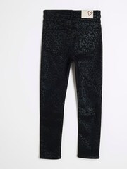 River Island Black Girls Leopard Print Coated Skinny 100% Cotton Jeans - Image 2 of 4