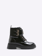 River Island Black Girls Patent Lace-Up Boots - Image 1 of 4