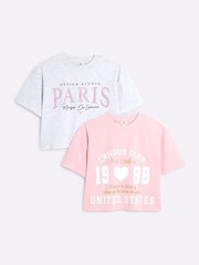 River Island Pink Girls Crop 100% Cotton T-Shirts 2 Pack - Image 1 of 4