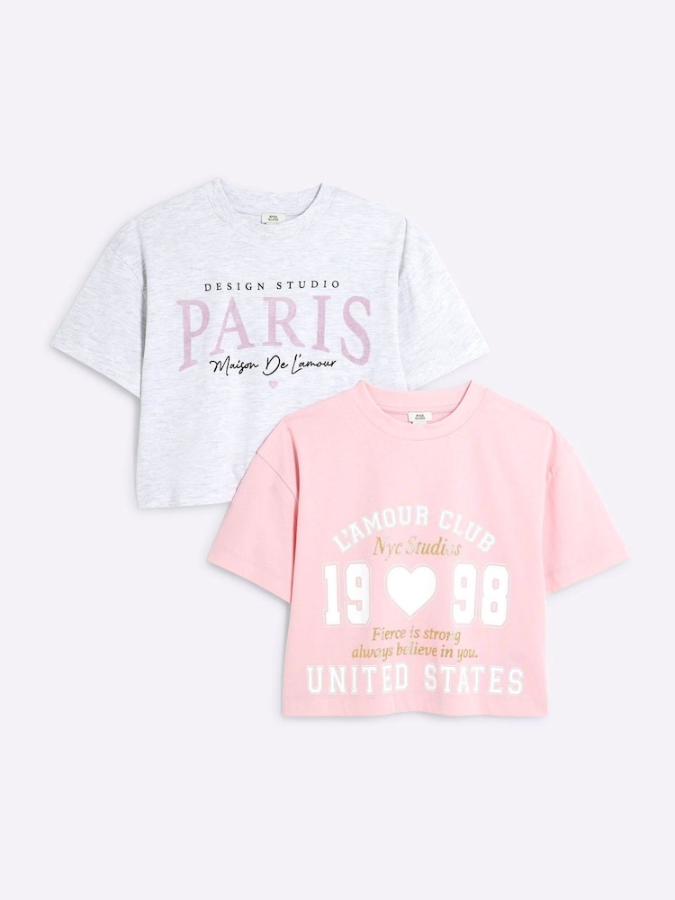 River Island Pink Girls Crop 100% Cotton T-Shirts 2 Pack - Image 1 of 4