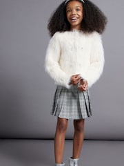 River Island Cream Girls Faux Fur Embellished 100% Cotton Cardigan - Image 1 of 5