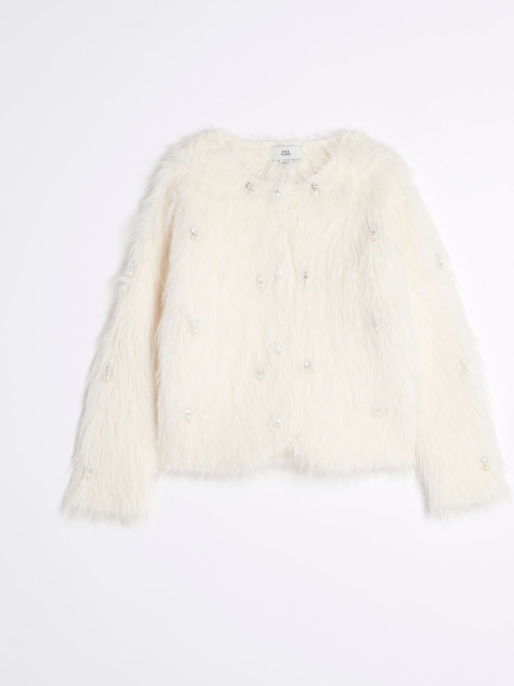 River Island Cream Girls Faux Fur Embellished 100% Cotton Cardigan - Image 2 of 5