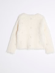 River Island Cream Girls Faux Fur Embellished 100% Cotton Cardigan - Image 3 of 5