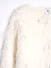 River Island Cream Girls Faux Fur Embellished 100% Cotton Cardigan - Image 4 of 5